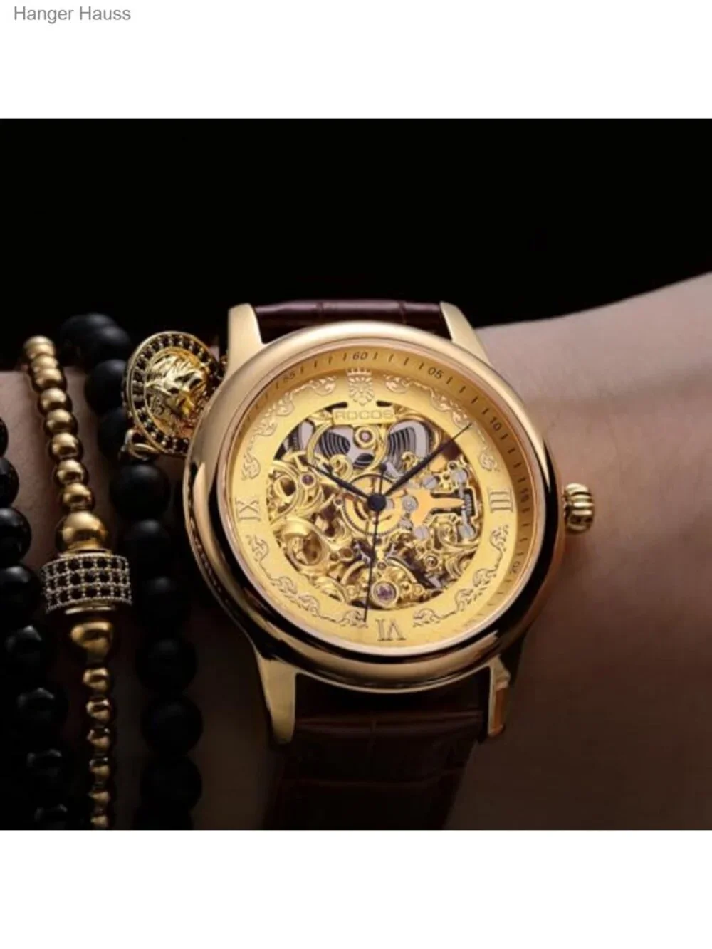 Luxury Gold Skeleton Dial Automatic Mechanical Watch for Men, Self-Winding